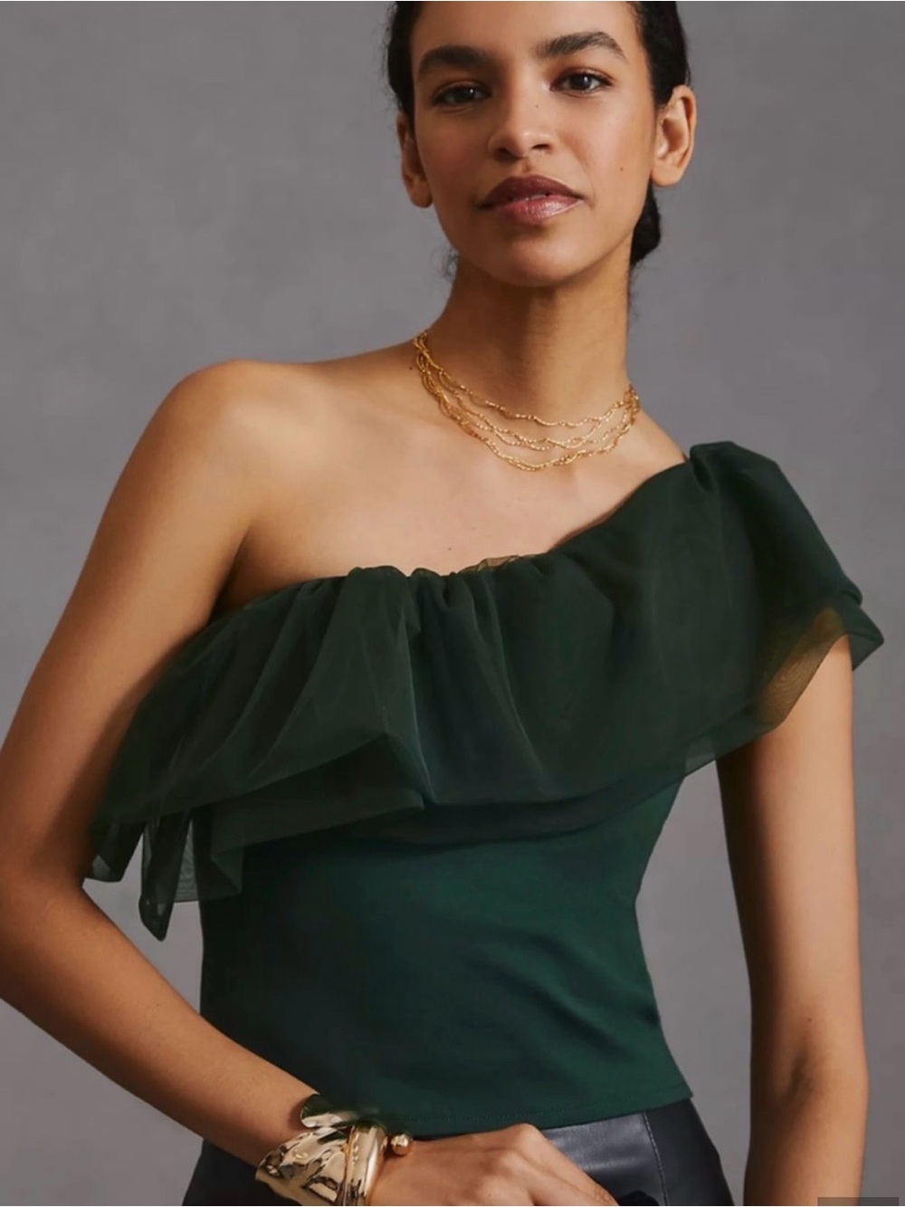 Anthropologie -Sunday in Brooklyn Dark Green One-Shoulder Ruffle Top